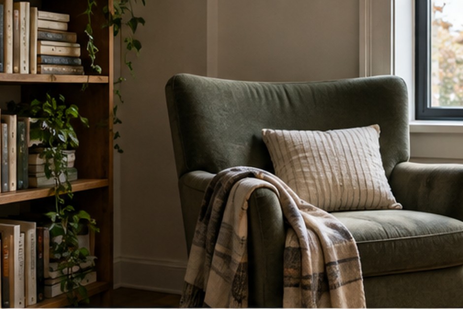 A quiet reading corner with a comfortable armchair, bookshelves, and a small side table.
