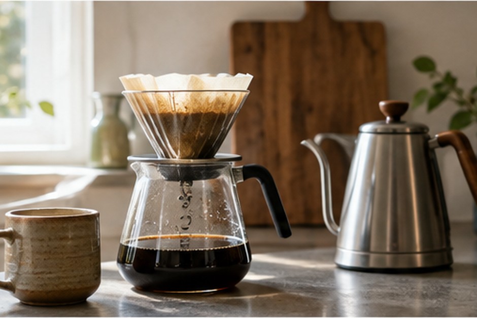 A pour-over coffee setup with a glass carafe, kettle, and ceramic mug in a bright kitchen.
