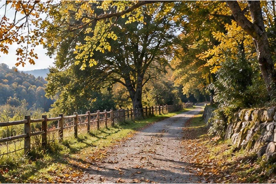 A peaceful countryside path lined with trees, stone walls, and autumn foliage.