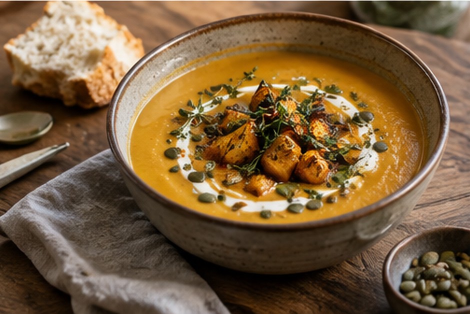 A bowl of creamy roasted vegetable soup with herbs and toasted vegetables on a rustic table.