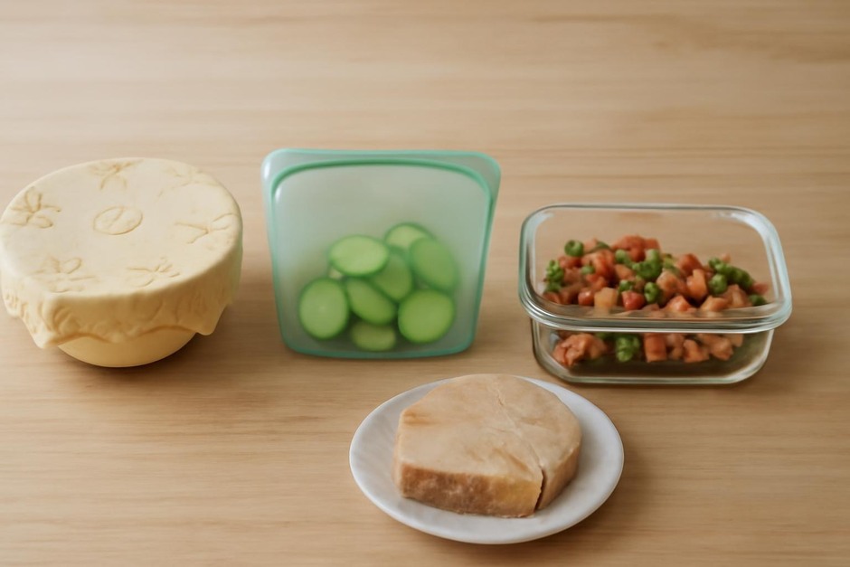 Assortment of food storage options: beeswax wrap, silicone bag, glass container, plastic wrap