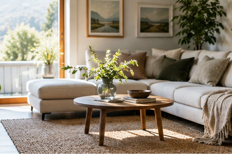 A sunlit living room with neutral furniture, plants, and a wooden coffee table.