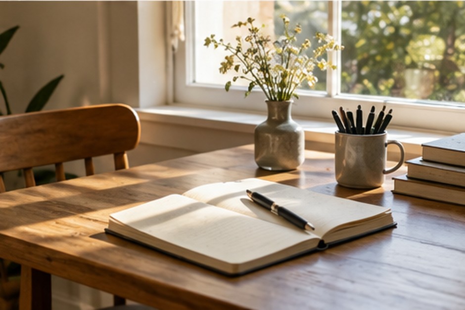 A warm wooden writing desk with an open notebook, pens, books, and flowers by a window.
