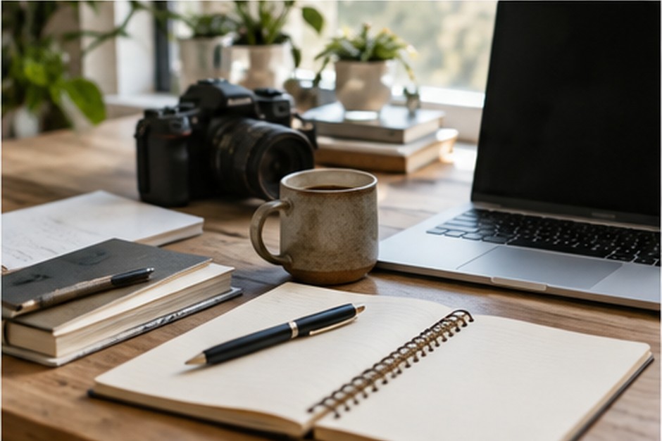 A bright editorial workspace with notebooks, a camera, coffee, and a laptop on a wooden desk.